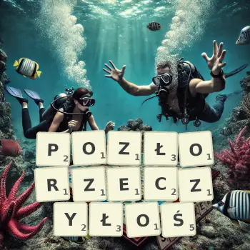 Kreatywna ilustracja do gry w Scrabble ze słowem POZŁORZECZYŁOŚ ułożonym z płytek na planszy.
