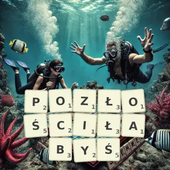 Kreatywna ilustracja do gry w Scrabble ze słowem POZŁOŚCIŁABYŚ ułożonym z płytek na planszy.
