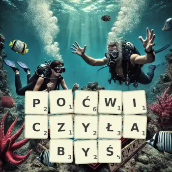 Kreatywna ilustracja do gry w Scrabble ze słowem POĆWICZYŁABYŚ ułożonym z płytek na planszy.