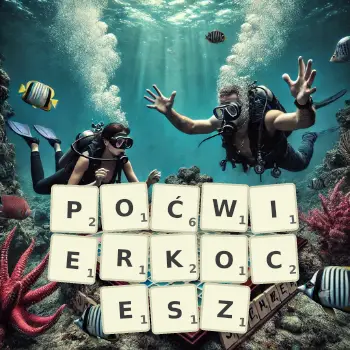Kreatywna ilustracja do gry w Scrabble ze słowem POĆWIERKOCESZ ułożonym z płytek na planszy.
