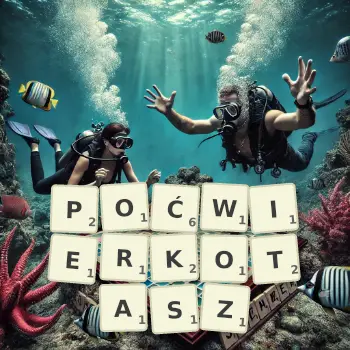 Kreatywna ilustracja do gry w Scrabble ze słowem POĆWIERKOTASZ ułożonym z płytek na planszy.