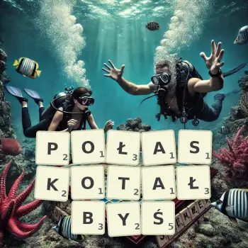Kreatywna ilustracja do gry w Scrabble ze słowem POŁASKOTAŁBYŚ ułożonym z płytek na planszy.