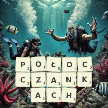 Kreatywna ilustracja do gry w Scrabble ze słowem POŁOCCZANKACH ułożonym z płytek na planszy.