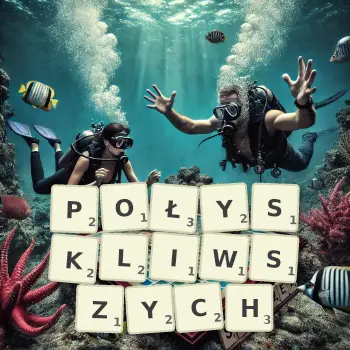 Kreatywna ilustracja do gry w Scrabble ze słowem POŁYSKLIWSZYCH ułożonym z płytek na planszy.