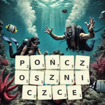 Kreatywna ilustracja do gry w Scrabble ze słowem POŃCZOSZNICZCE ułożonym z płytek na planszy.