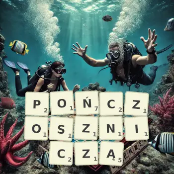 Kreatywna ilustracja do gry w Scrabble ze słowem POŃCZOSZNICZĄ ułożonym z płytek na planszy.