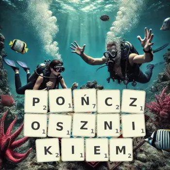 Kreatywna ilustracja do gry w Scrabble ze słowem POŃCZOSZNIKIEM ułożonym z płytek na planszy.