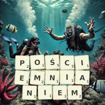Kreatywna ilustracja do gry w Scrabble ze słowem POŚCIEMNIANIEM ułożonym z płytek na planszy.