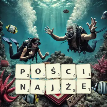 Kreatywna ilustracja do gry w Scrabble ze słowem POŚCINAJŻE ułożonym z płytek na planszy.