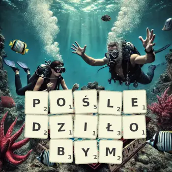 Kreatywna ilustracja do gry w Scrabble ze słowem POŚLEDZIŁOBYM ułożonym z płytek na planszy.