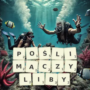 Kreatywna ilustracja do gry w Scrabble ze słowem POŚLIMACZYLIBY ułożonym z płytek na planszy.