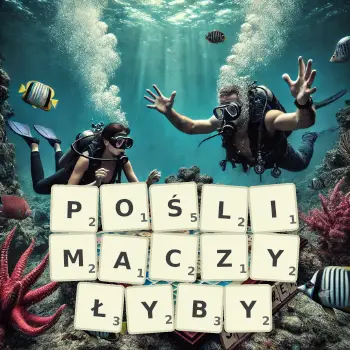 Kreatywna ilustracja do gry w Scrabble ze słowem POŚLIMACZYŁYBY ułożonym z płytek na planszy.