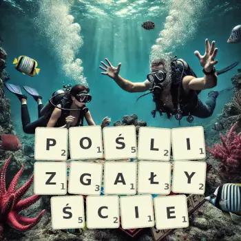 Kreatywna ilustracja do gry w Scrabble ze słowem POŚLIZGAŁYŚCIE ułożonym z płytek na planszy.