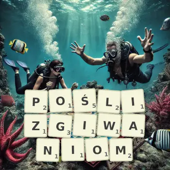 Kreatywna ilustracja do gry w Scrabble ze słowem POŚLIZGIWANIOM ułożonym z płytek na planszy.