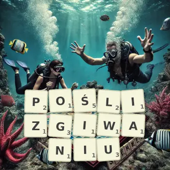 Kreatywna ilustracja do gry w Scrabble ze słowem POŚLIZGIWANIU ułożonym z płytek na planszy.