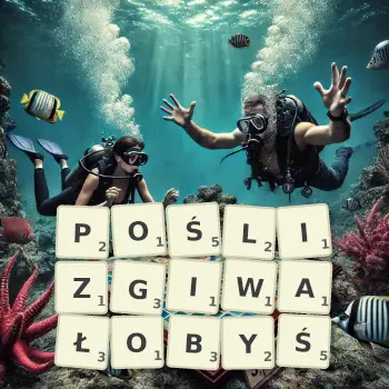 Kreatywna ilustracja do gry w Scrabble ze słowem POŚLIZGIWAŁOBYŚ ułożonym z płytek na planszy.