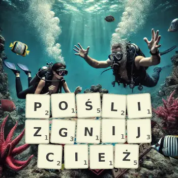 Kreatywna ilustracja do gry w Scrabble ze słowem POŚLIZGNIJCIEŻ ułożonym z płytek na planszy.