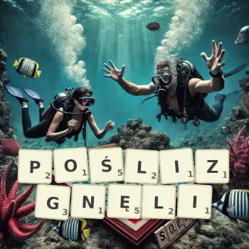 Kreatywna ilustracja do gry w Scrabble ze słowem POŚLIZGNĘLI ułożonym z płytek na planszy.