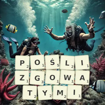 Kreatywna ilustracja do gry w Scrabble ze słowem POŚLIZGOWATYMI ułożonym z płytek na planszy.