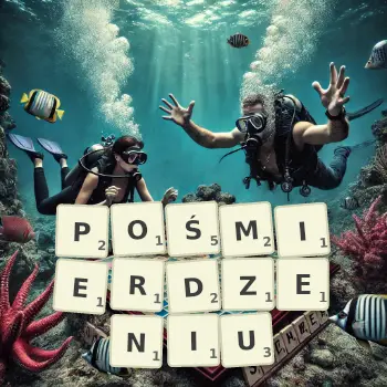 Kreatywna ilustracja do gry w Scrabble ze słowem POŚMIERDZENIU ułożonym z płytek na planszy.