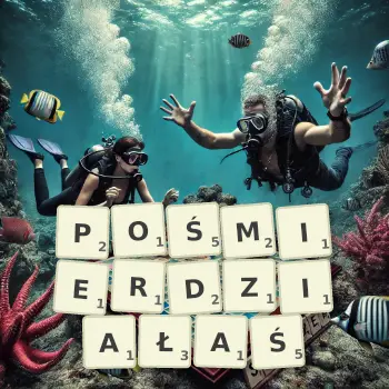 Kreatywna ilustracja do gry w Scrabble ze słowem POŚMIERDZIAŁAŚ ułożonym z płytek na planszy.