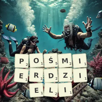 Kreatywna ilustracja do gry w Scrabble ze słowem POŚMIERDZIELI ułożonym z płytek na planszy.