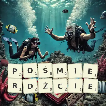 Kreatywna ilustracja do gry w Scrabble ze słowem POŚMIERDŹCIE ułożonym z płytek na planszy.