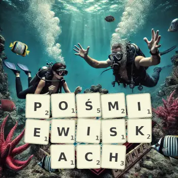 Kreatywna ilustracja do gry w Scrabble ze słowem POŚMIEWISKACH ułożonym z płytek na planszy.