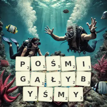 Kreatywna ilustracja do gry w Scrabble ze słowem POŚMIGAŁYBYŚMY ułożonym z płytek na planszy.