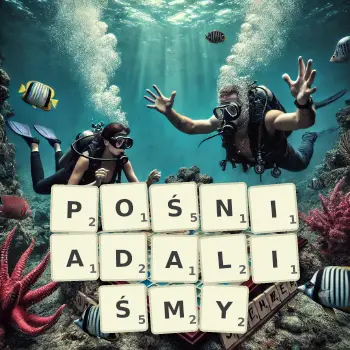 Kreatywna ilustracja do gry w Scrabble ze słowem POŚNIADALIŚMY ułożonym z płytek na planszy.