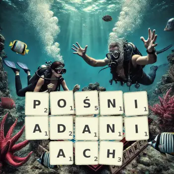 Kreatywna ilustracja do gry w Scrabble ze słowem POŚNIADANIACH ułożonym z płytek na planszy.