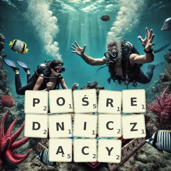 Kreatywna ilustracja do gry w Scrabble ze słowem POŚREDNICZĄCY ułożonym z płytek na planszy.