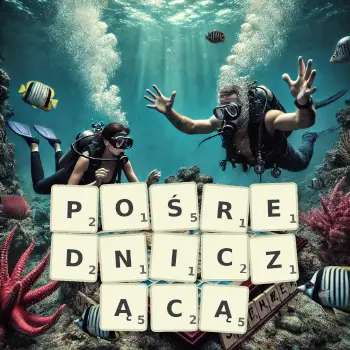 Kreatywna ilustracja do gry w Scrabble ze słowem POŚREDNICZĄCĄ ułożonym z płytek na planszy.