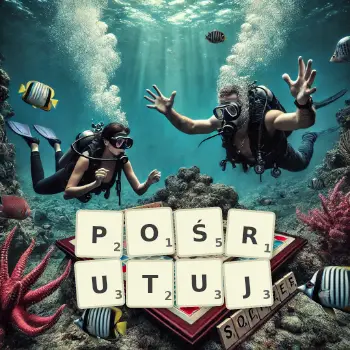 Kreatywna ilustracja do gry w Scrabble ze słowem POŚRUTUJ ułożonym z płytek na planszy.