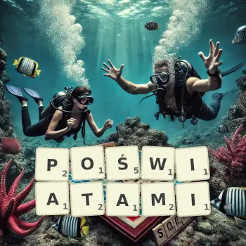 Kreatywna ilustracja do gry w Scrabble ze słowem POŚWIATAMI ułożonym z płytek na planszy.