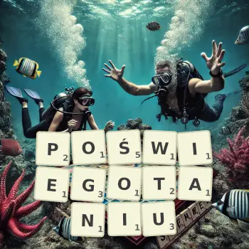 Kreatywna ilustracja do gry w Scrabble ze słowem POŚWIEGOTANIU ułożonym z płytek na planszy.