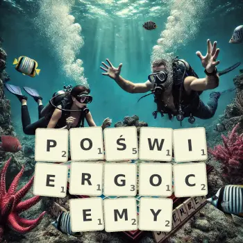 Kreatywna ilustracja do gry w Scrabble ze słowem POŚWIERGOCEMY ułożonym z płytek na planszy.