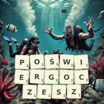 Kreatywna ilustracja do gry w Scrabble ze słowem POŚWIERGOCZESZ ułożonym z płytek na planszy.