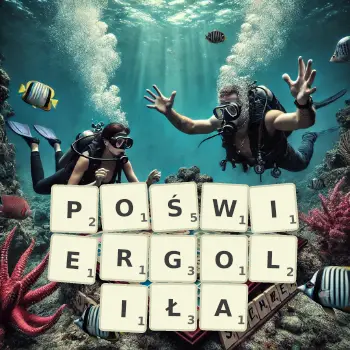 Kreatywna ilustracja do gry w Scrabble ze słowem POŚWIERGOLIŁA ułożonym z płytek na planszy.