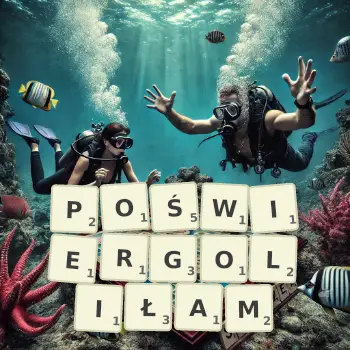 Kreatywna ilustracja do gry w Scrabble ze słowem POŚWIERGOLIŁAM ułożonym z płytek na planszy.