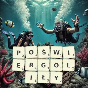 Kreatywna ilustracja do gry w Scrabble ze słowem POŚWIERGOLIŁY ułożonym z płytek na planszy.