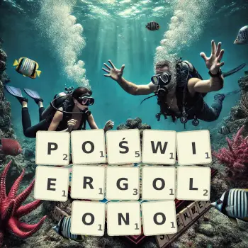 Kreatywna ilustracja do gry w Scrabble ze słowem POŚWIERGOLONO ułożonym z płytek na planszy.