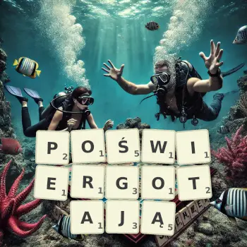 Kreatywna ilustracja do gry w Scrabble ze słowem POŚWIERGOTAJĄ ułożonym z płytek na planszy.