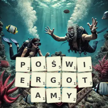 Kreatywna ilustracja do gry w Scrabble ze słowem POŚWIERGOTAMY ułożonym z płytek na planszy.