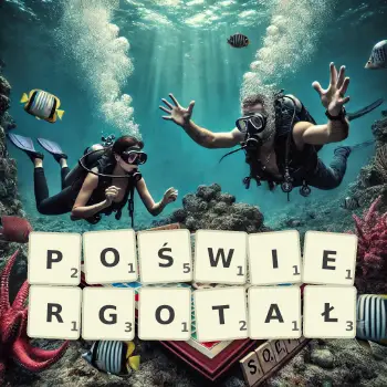 Kreatywna ilustracja do gry w Scrabble ze słowem POŚWIERGOTAŁ ułożonym z płytek na planszy.