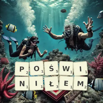Kreatywna ilustracja do gry w Scrabble ze słowem POŚWINIŁEM ułożonym z płytek na planszy.