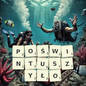 Kreatywna ilustracja do gry w Scrabble ze słowem POŚWINTUSZYŁO ułożonym z płytek na planszy.