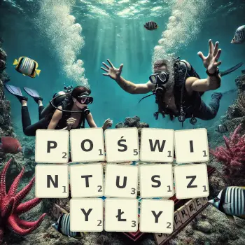 Kreatywna ilustracja do gry w Scrabble ze słowem POŚWINTUSZYŁY ułożonym z płytek na planszy.
