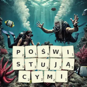 Kreatywna ilustracja do gry w Scrabble ze słowem POŚWISTUJĄCYMI ułożonym z płytek na planszy.