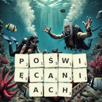 Kreatywna ilustracja do gry w Scrabble ze słowem POŚWIĘCANIACH ułożonym z płytek na planszy.